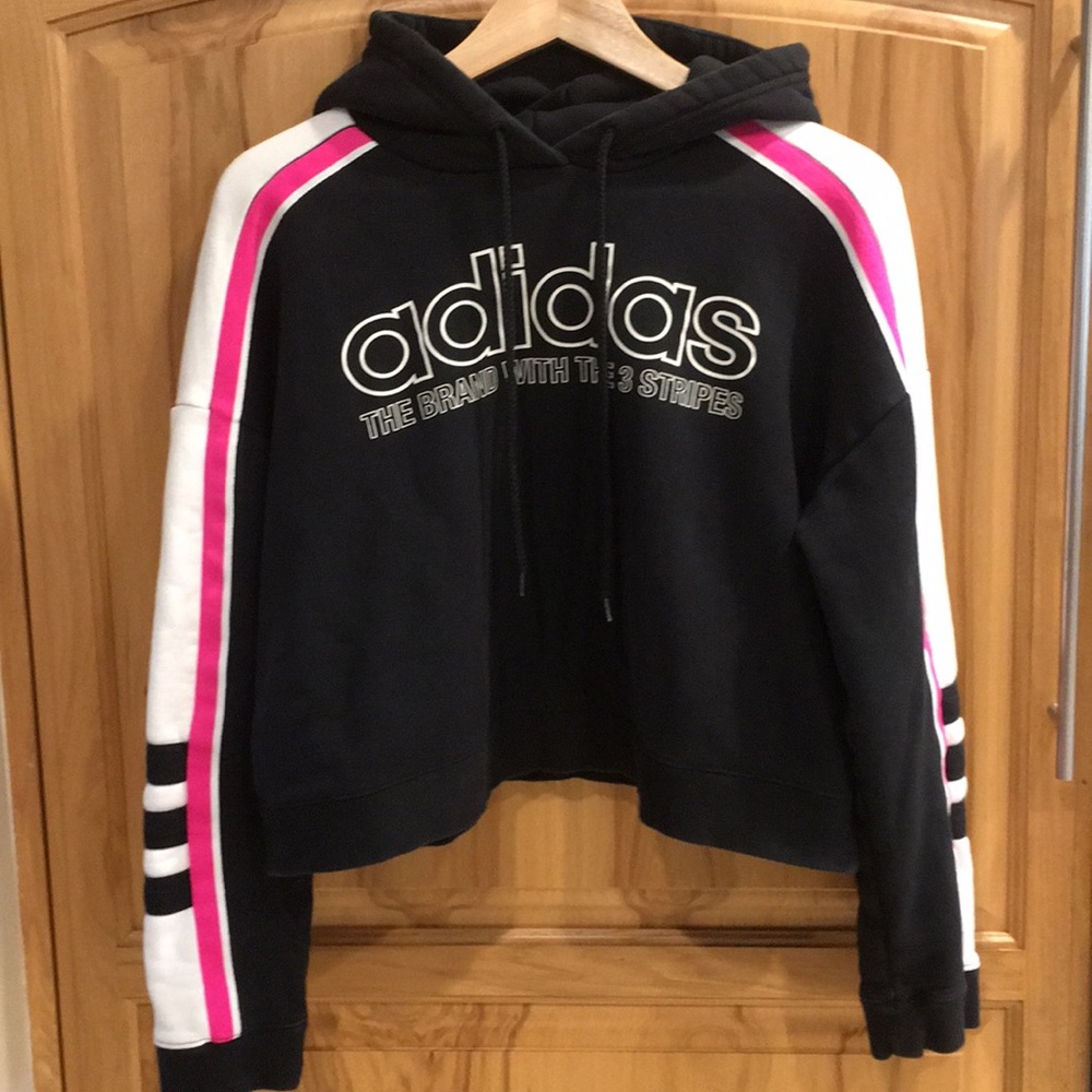 adidas Black Hoodie with Pink & White Stripe Sleeves